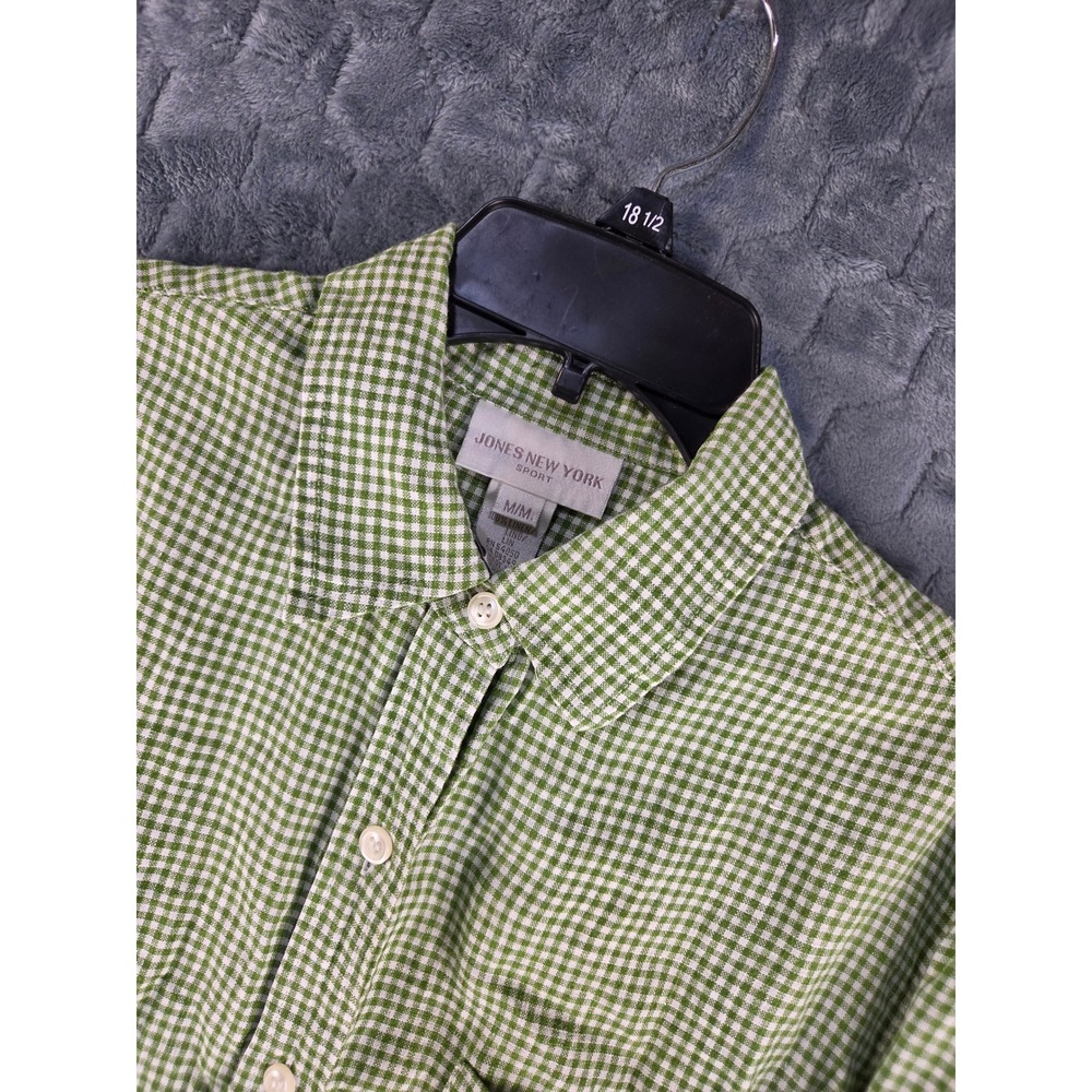 Jones New York Sport Green Gingham 100% Linen Roll Tab Button Down Shirt Medium